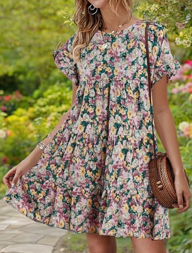 Image of Imysty Womens Boho Floral Ruffle Sleeve Babydoll Loose Flowy Casual Summer Pleated Mini Dress