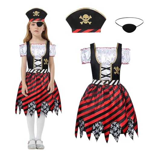 Disfarce pirata menina, disfarces piratas com vestido, chapéu e emblema no olho, conjunto de menina bucanero vestid, disfarce de Halloween meninas para cosplay carnaval festa aniversário presente