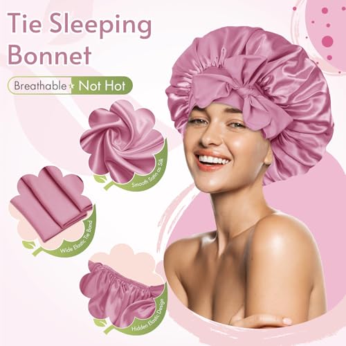 Image of BONNET QUEEN Silk Bonnet Satin Bonnet with Tie Band Hair Wrap for Sleeping Night Sleep Hat for Women, Light Rose Gold