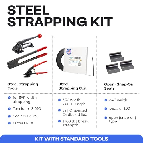 Image of IDL Packaging - B.SSK.34.200 Portable 3 /4 inch x 200' Steel Strapping Kit, 1700 lbs Break Strength - Full Packaging Strapping Solution - Standard Banding Kit