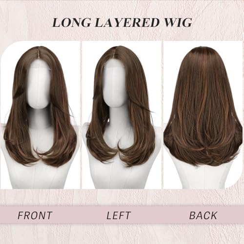 Image of FESHFEN Lace Front Hairline Wigs with Bangs, Synthetic Natural Looking Long Layered Straight Hair Wig for Women Daily Party Costume, 18 inch Brown Mixed Auburn