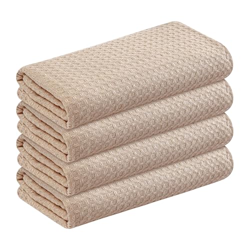 Image of Beige Kitchen Dish Towels Set of 4-100% Cotton Waffle Weave, Super Absorbent, Soft, Quick Drying, 16x26 Inches, Ideal for Cleaning, Bar, Tea, and Everyday Use, Tan