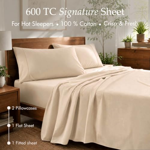 Image of Threadmill 600 Thread Count Cotton Queen Sheet Set, Sateen, Beige, 4-Piece