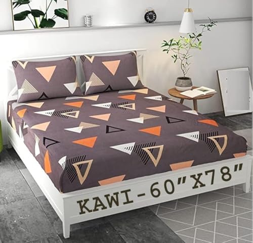 Image of KAWI Cotton Feel 200TC Double Bedsheet Queen Size 78x60 Inches with Elastic Fitting with 2 Pillow Covers (Provide fits up to 8 Inch Mattress) - Brown Color