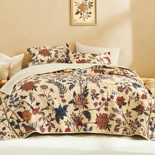 Litanika Floral Beige Quilt King Size - 3 Pieces Summer Botanical Birds Pattern Quilt Bedding, Lightweight Soft Coverlet for All Seasons (106