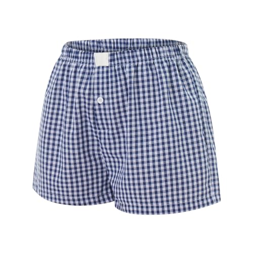 Image of Y2k Plaid Shorts Cute Baggy Ginghem Boxer Shorts for Women Checked Lounge Pajama Bottom Preppy Sleep Pj Shorts
