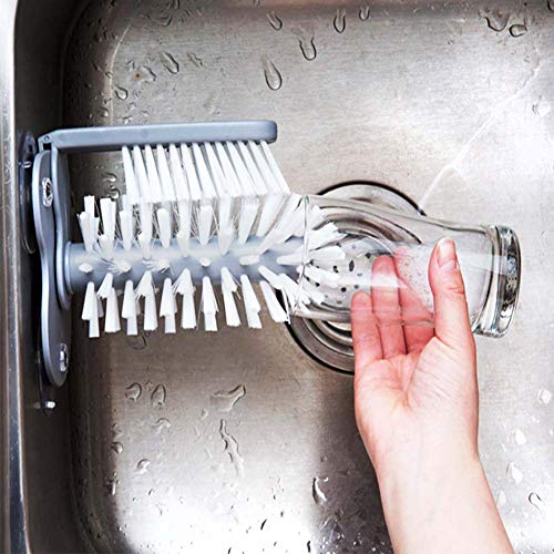 Water Bottle Cleaning Brush Glass Cup Washer With Suction Base Bristle Brush For Beer Cup, Long Leg Cup, Red Wine Glass And More Bar Kitchen Sink Home Tools Grey #TOP1