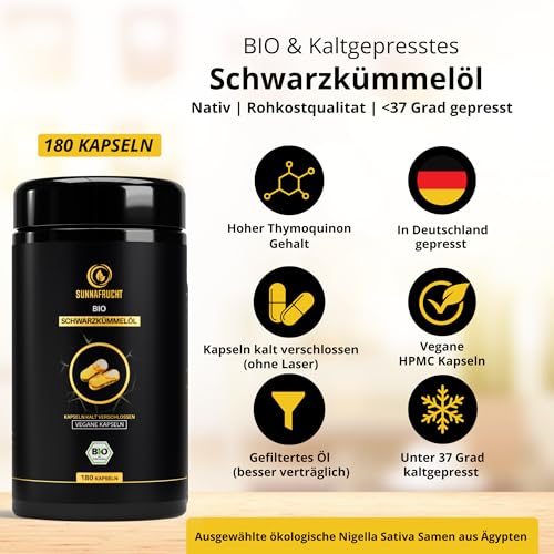 Bio Schwarzkümmelöl Kapseln von Sunnafrucht® (180stk.) Kaltgepresst & Ungefiltert aus Nigella Sativa *Reich an Thymoquinon* Native ägyptische Schwarzkümmelöl Kapseln Bio
