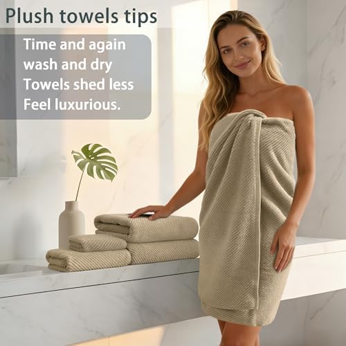 Tan Towels Bathroom Sets - 100% Cotton | Quick Dry | Light Weight | Thick | Soft, Towel Set of 6, 2 Large Bath Towels 30 x 56, 2 Hand Towels 18 x 28, 2 Washcloths 13 x 13, Towel Gift Set, Beige — view 4