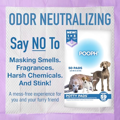 POOPH-Potty-Pads-for-Puppies-to-Senior-Sick-or-Housebound-Pets-Absorbs-up-to-59-oz-Eliminates-Organic-Odor-On-Contact-Leak-Proof-Track-Proof-Quick-Dry-Disposable-Large-24×24-Pads-50ct POOPH Potty Pads for Puppies to Senior Sick or Housebound Pets Absorbs up to 59 oz Eliminates Organic Odor On Contact Leak Proof Track Proof Quick Dry Disposable Large 24×24 Pads 50ct