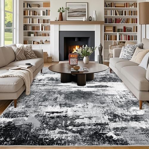 Chicnix Tapis de salon 160 x 230 cm, lavable, poils courts, antidérapant, doux, motif abstrait moderne, noir et blanc