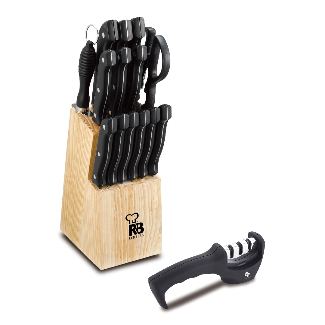 RENBERG TENESSY - Set 15 pezzi con coltelli, affilacoltelli e ceppo in legno - Coltelli in acciaio inox - Manico nero - Resistente e pratico