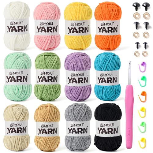 Image of 12 Pack Velvet Yarn for Knitting, Chunky Chenille Yarn for Crocheting, Baby Yarn for Crocheting Soft Blanket, Super Bulky 42.3oz(1049yds), Multicolor Amigurumi Yarns Set B