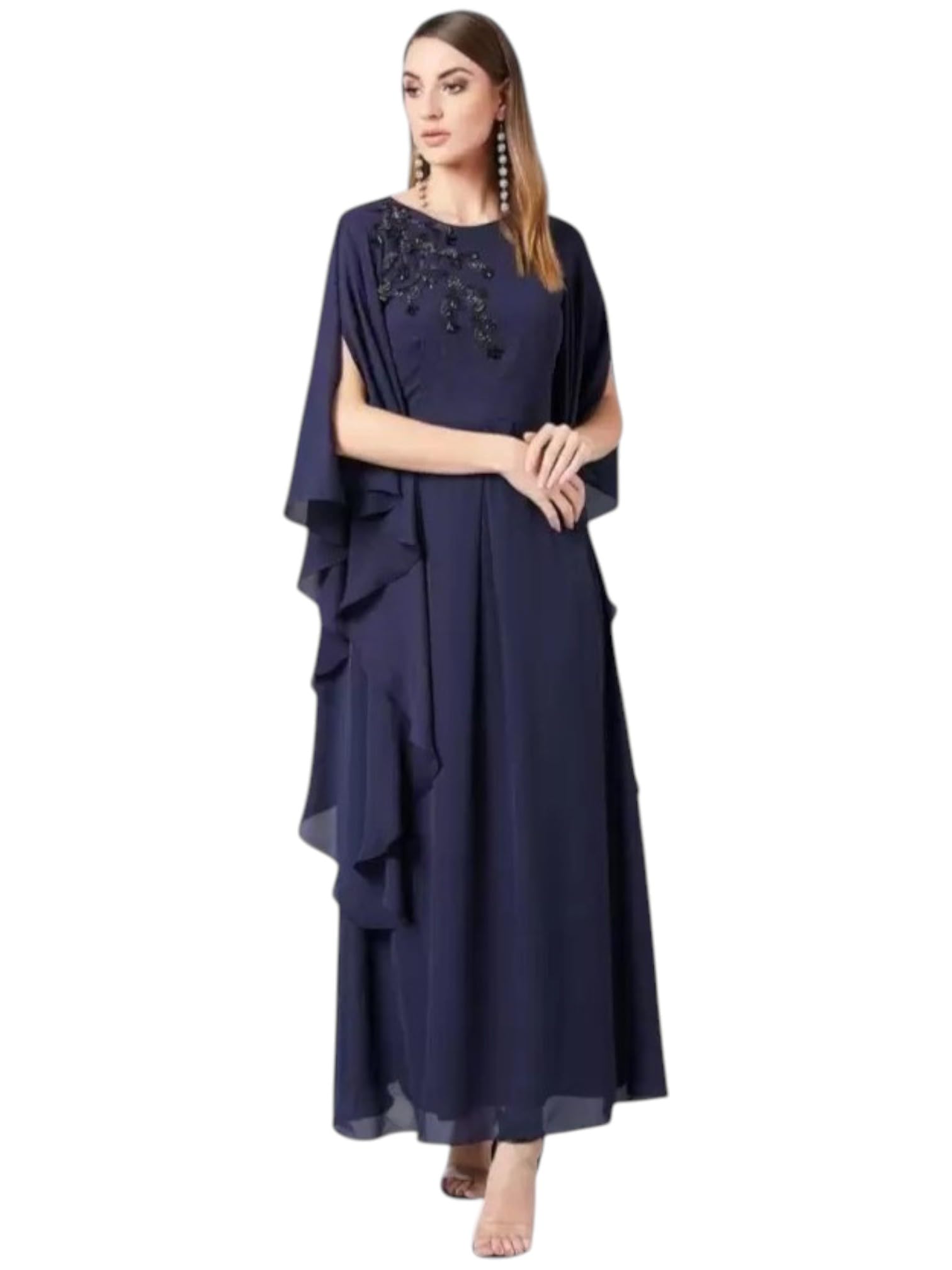 Elegant Handwork Embroidered Gown - Flowy Cape Sleeves - Women?s Formal Maxi Dress