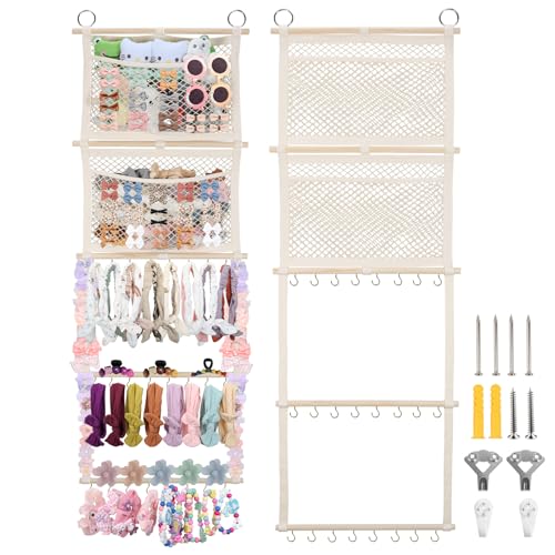 Image of Headband Holder, 17x50in Hair Bow Holder W/ 2 Mesh Pockets & 24 Metal Hooks, Baby Bow Organizer for Girls, Wall Hanging Hair Accessories Organizer Storage Hanger for Toddler Room Nursery Decor(Beige)