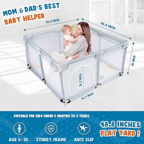 Image of Grey Baby & Toddler Playpen, 49''x49'', Portable with Mat & Ring, Safe Foam Cover, External Zipper, Suitable for Kids Under 3 Years