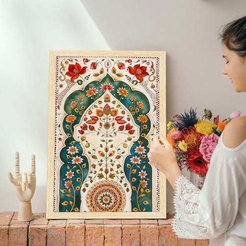 Image of ArtX Paper Madhubani Art Paintings with Frame for Home Decor, Floral Wall Painting for Living Room, Multicolor, Natural Wood Color Frames, Set of 2