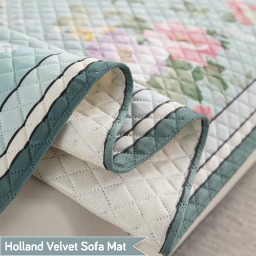 Image of HOKIPO 'LiefNest' Printed Holland Velvet Sofa Armrest Covers | 1 Pair | Fresh Floral Pastel Blue (IN-827-L-D3*2)
