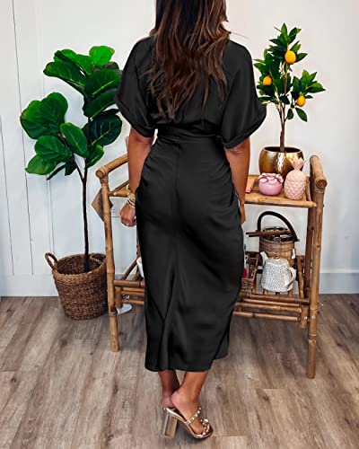 Btfbm Women 2023 Button Down Ruched Shirt Dresses Short Sleeve Lapel V Neck Elegant Party Spring Summer Maxi Satin Dress(Short Sleeve Black, X-Large) #TOP4