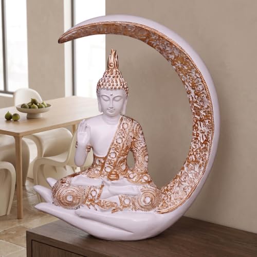 Image of Antique Big Meditating Moon Buddha Statue Showpiece for Home Decor - Living Room - House Warming - Office - Gifting - Buddha Idol Polyresin Decorative Figurine (9 Inch / 23 cm, White, Gold)