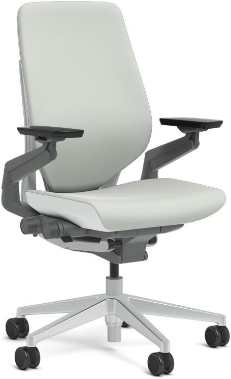 Steelcase Gesture Task Chair: Shell Back - Platinum Metallic Frame/Base/Seagull Accent - Adjustable Lumbar Support - Roll Control Hard Floor Casters