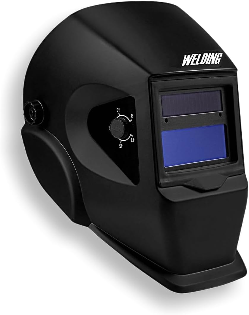 Close-up view of the Chicago Electric Auto-Darkening Welding Helmet, showing the auto-darkening lens and shade control knob.
