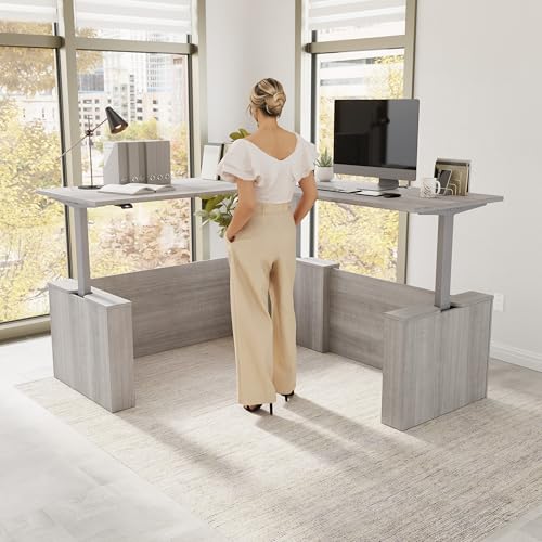 Image of Bush Business Furniture 72-inch Electric Height Adjustable L Shaped Standing Desk, Ergonomic Sit-Stand Computer Table for Office, Stratus Collection, Platinum Gray with Metallic Gray Base