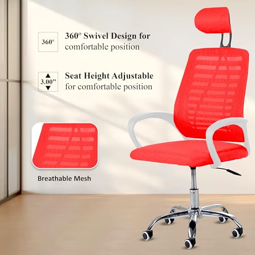 Image of Casa Copenhagen,Mesh Office Desk Chair,Rocking Chairs Ergonomic Computer Chair Adjustable High with Headrest and Comfortable Armrest Swivel Chair - Red & White Handle