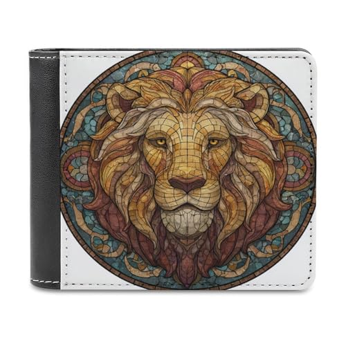 Stained Glass Cool Lion Head Soft PU Leather Bifold Wallet, Coin Purse Credit Pass Case, Durable Card-Holder Slim Billfold for Men Woman Money Storage
