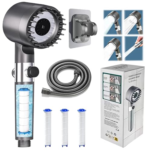 Soffione Doccia Alta Pressione con 4 Filtri – Doccino per Doccia con Tubo 1,5 m, 3+1 Getti Regolabili, Risparmio Idrico, Materiale ABS di Alta Qualità, Installazione Universale