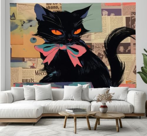 Tapiz de gato negro SMBHIAON rosa de 150 cm, arte retro para llenar de alegría tu hogar