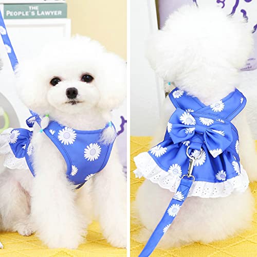Baejmjk Dog Dress Harness And Leash Set For Small Dogs Floral Bow Tie Girl Puppy Dress Breathable Cute Princess Dog Dresses Spring Summer Pet Cat Clothes Skirt(Dark Blue,X-Small) #TOP1