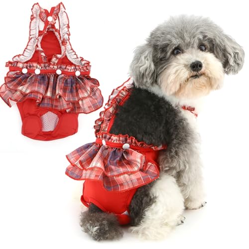 ZUNEA 犬用 オムツパンツ 女の子 小型犬 超小型犬 おむつ サスペンダー 生理パンツ スカート 可愛い 調節可能 サニタリーパンツ 洗える 柔らかい 月経 発情期用 ドッグウェア 尿失禁対策 介護用 衛生 しつけ用品 レッド XL