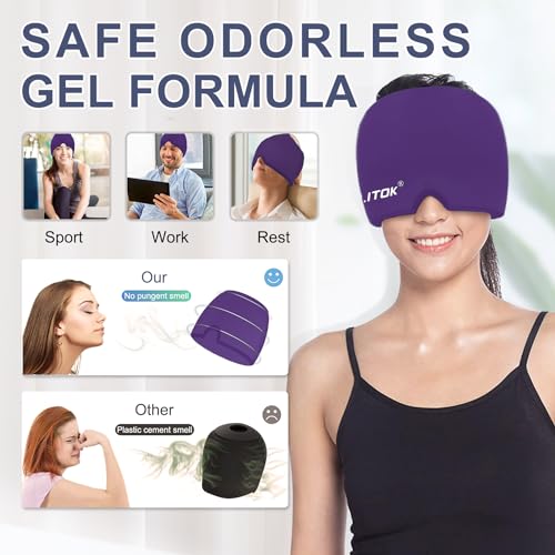 Image of EXQUISLIFE Migraine Headache Relief Cap, Gel Ice Head Wrap, Hot and Cold Therapy, Headache Eyes Mask for Sinus, Puffy Eyes, Tension and Stress Relief (Purple)