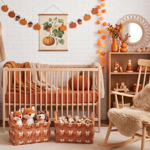 Image of 2 Pcs Pumpkin Bow Storage Basket 14x10'' Fall Pumpkin Storage Bin | Back to School Gift, Fluffy Plush, Closet Organizer with Handle, Thanksgiving, Halloween, Home Office Laundry Car Shelves