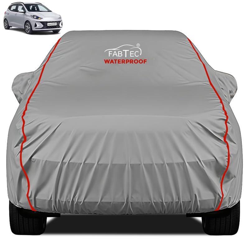 FABTEC Waterproof Premium Car Cover for Hyundai Grand i10 Super Waterproof Car Body Cover Heavy Duty Durable PEVA Grey with Red Piping