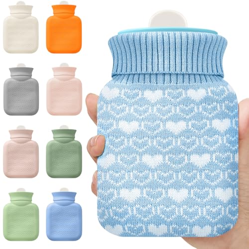 Amylove Mini Hot Water Bottle with Knitted Cover 320ml, Mother's Gift Water Bag for Women, Microwave Heating Bottle for Pain Relief Menstrual Cramps Travel(Blue)