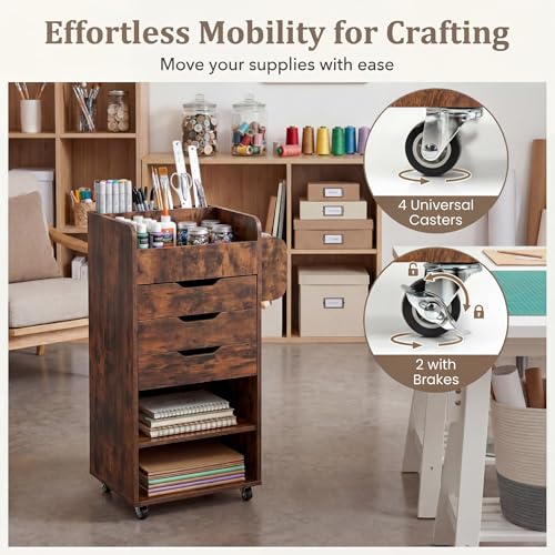 Image of Tangkula Rolling Storage Cart with Drawers, Industrial Aesthetics Organizer Cart w /Lockable Casters, Makeup Utility Cart w /3 Shelves, Slots & Dowels, Storage Cabinets on Wheels, Home Office Craft Cart