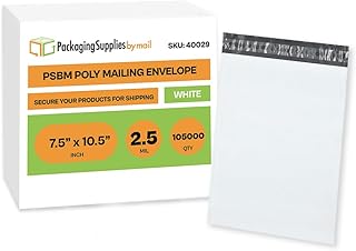 PSBM Poly Mailers, 7.5x10.5 Inch, 105000 Pack, 2.5 Mil Thick, Shipping Envelope Mailers, White/Grey, Self Seal and Peel Strip