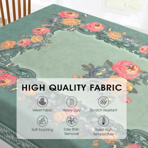 Image of Cloth Fusion Velvet Floral Dining Table Cloth 6 Seater, Dining Table Cover with Elegant Floral Pattern for Dining Room (60x90 Inch, Turquoise)