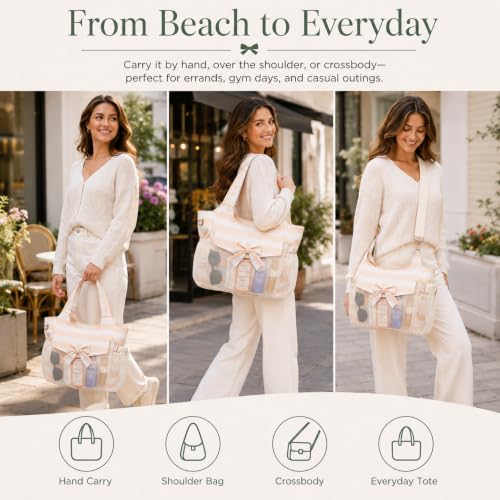 Image of LEDAOU Large Beach Bag Women Waterproof Sandproof Zipper Beach Tote Pool Bag for Swim Gym Grocery Travel with Wet Pocket