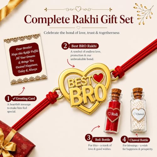 Image of Gold Plated Designer Rakhi Bracelet for Brother | Infinity, Heart, Evil Eye & BRO Designs | Raksha Bandhan Rakhi with Roli Chawal & Greeting Card