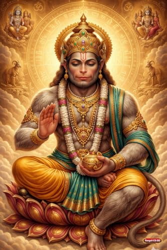 Image of Rangoli Lord Hanuman Ji Self Adhesive Poster 12x18 Inch | Hindu God Bajrangbali Wall Sticker Poster for Home Temple Pooja Room Living Room Meditation Decor | Spiritual Devotional Waterproof Wall Art
