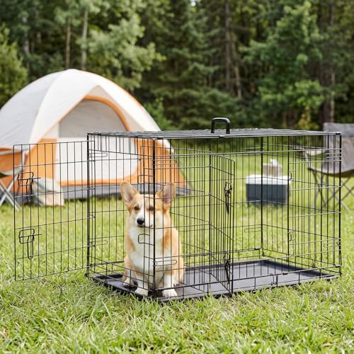 Image of Sweetcrispy 36 Inch Dog Crate, Medium Dog Cage, Foldable Puppy Pet Kennel | Double Door, Metal Kennel, Secure Lock, Removable Tray, Indoor Outdoor Training Travel