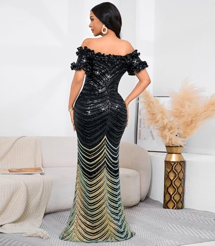Image of dasmzper Women Sexy Sequin Off Shoulder Ruffle Short Sleeve Bodycon Mermaid Party Formal Evening Maxi Dress