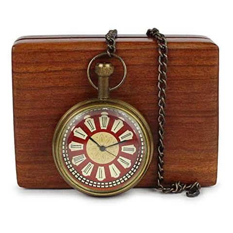 Artvarko Antique Brass Pocket Watch with Wooden Box Cover