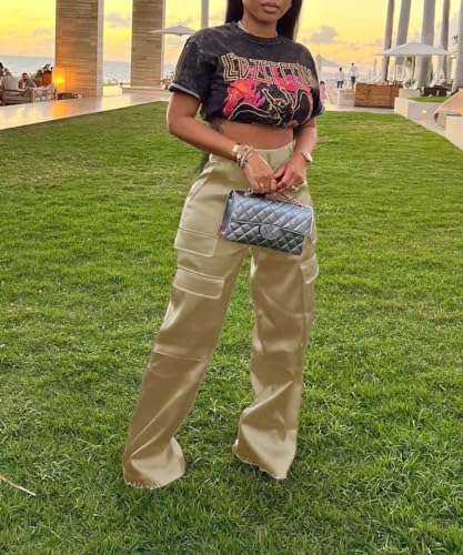 Satin Cargo Pants for Women High Waisted Wide Leg Trouser Multiple Pockets4