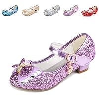 Girls Princess Dress Shoes Mary Jane Sequins Bridesmaids Shoes Cinderella Sparkle Heels Shoes for Wedding Dancing Party Shiny Purple