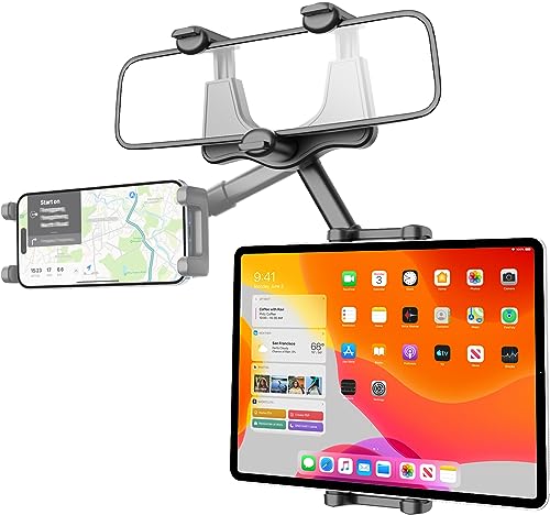 Wukanleng Tablet Holder for Car Rear View Mirror, Retractable Rearview Mirror Phone Mount, 360°Rotatable GPS Holder Stand Compatible with iPad Pro 12.9 Air Mini, Samsung Galaxy Z, 4-12.9' Devices