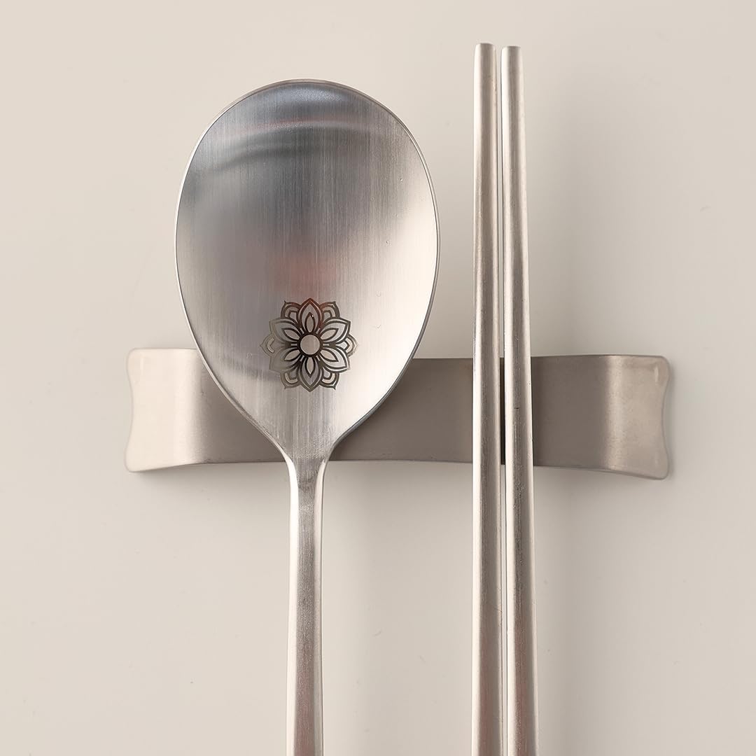 Korean Spoon and Chopsticks Set, 18/10 Stainless Steel Sujeo Gift Set for One, Laser Engraved Floral Spoon, Gift-Ready Korean Tableware
